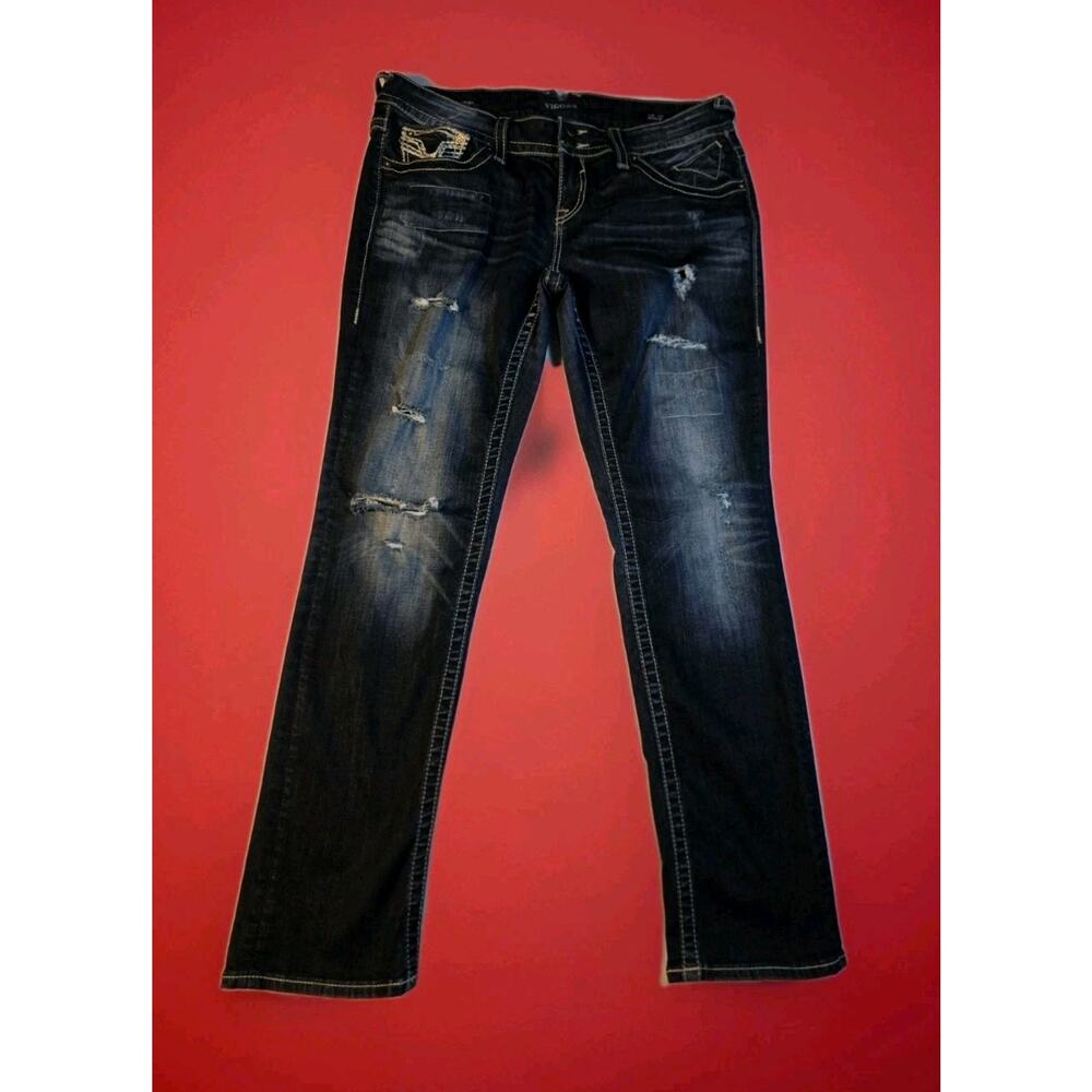 EUC Vigoss Jeans Women’s Size 32 Distressed Dark Wash Bootcut Flap Pocket Denim
